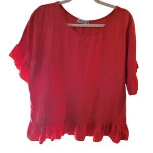 Red-Orange 100% Linen Blouse Size S Made in Italy Lightweight Ruffle Hem Top